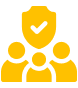 Icon representing teamwork and trust, featuring a shield with a checkmark and three figures, symbolizing secure collaboration and verified partnerships.
