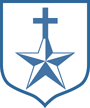 Blue shield emblem featuring a central star and a cross above it, symbolizing faith and strength. Ideal for representing organizations focused on community, service, or religious missions.